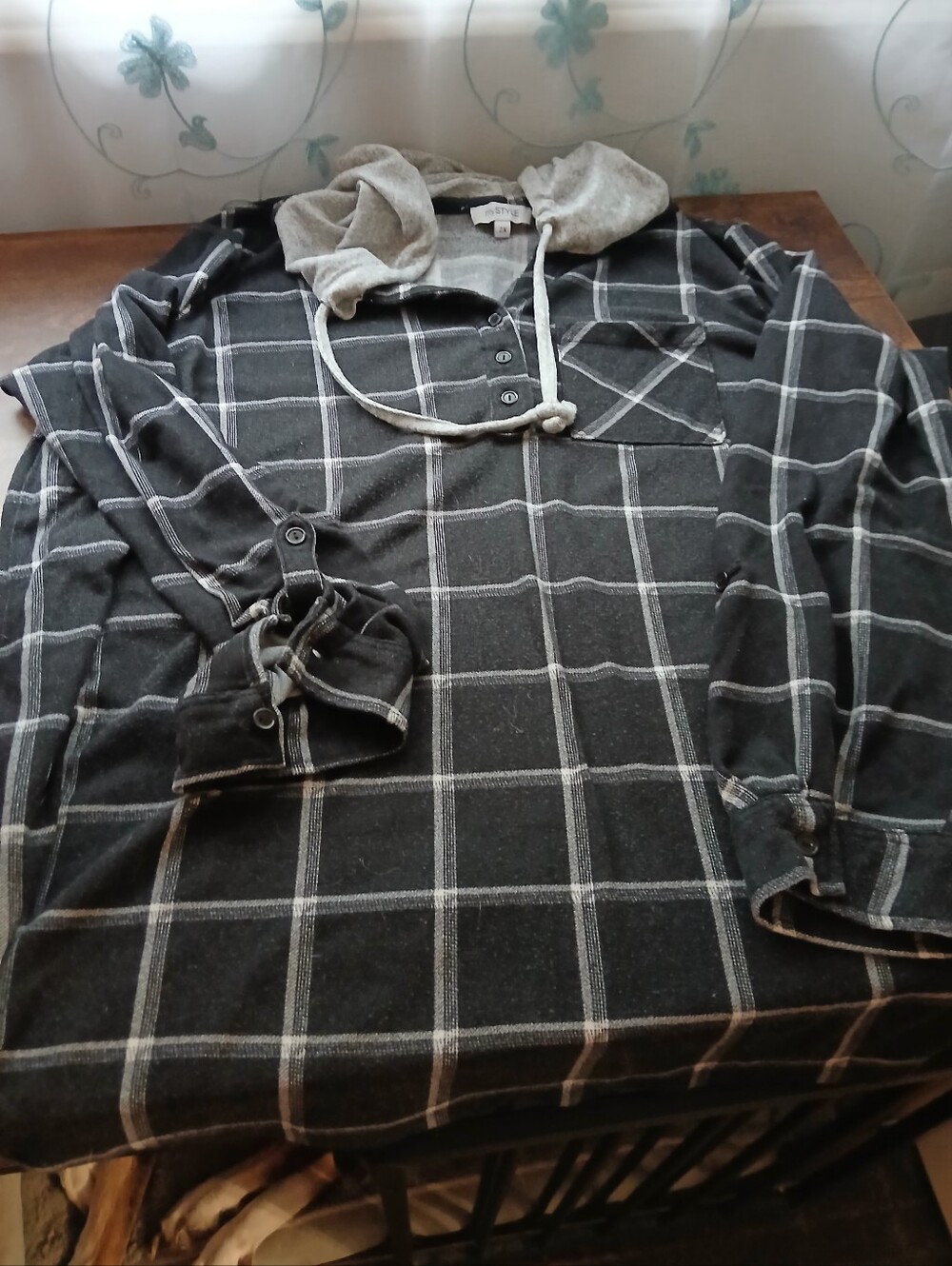 Women's Black Plaid Hooded Button Henley Shirt